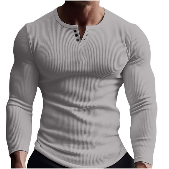 FAIWAD Men's Long Sleeve Shirts Round Neck Stretch Ribbed Casual Basic Tops Slim Lightweight Tops