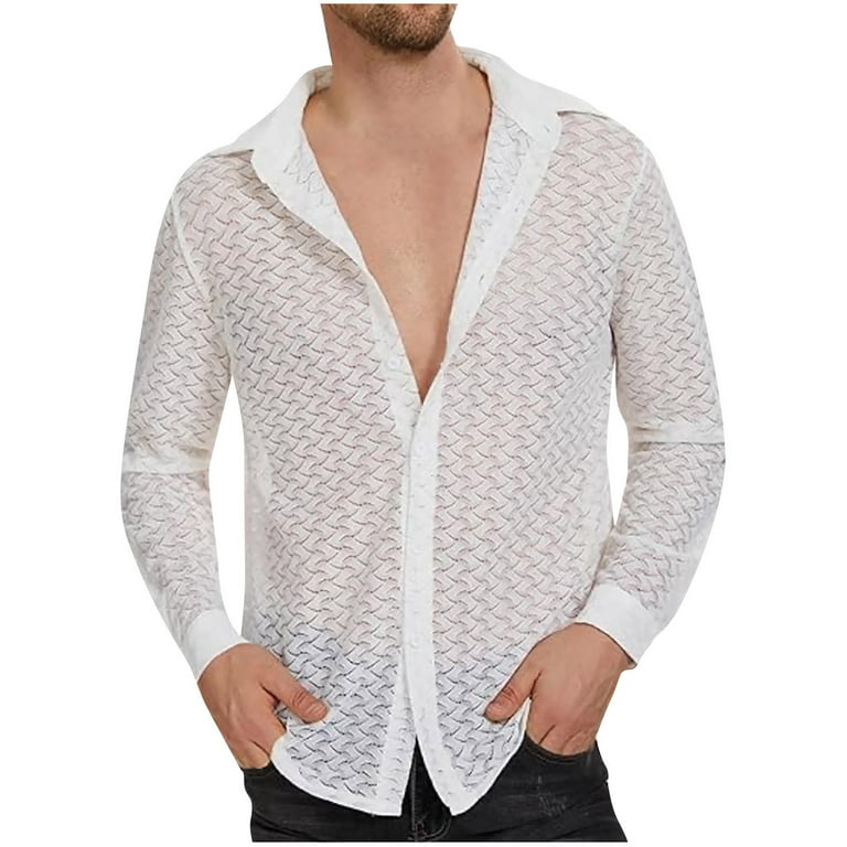 FAIWAD Men's See Through Lace Shirt Soft Mesh Button T