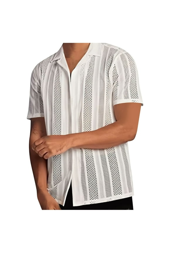 Men's Sheer Mesh Lace Shirts See Through Button Down Short Sleeve Shirts Lapel Party Summer Tops