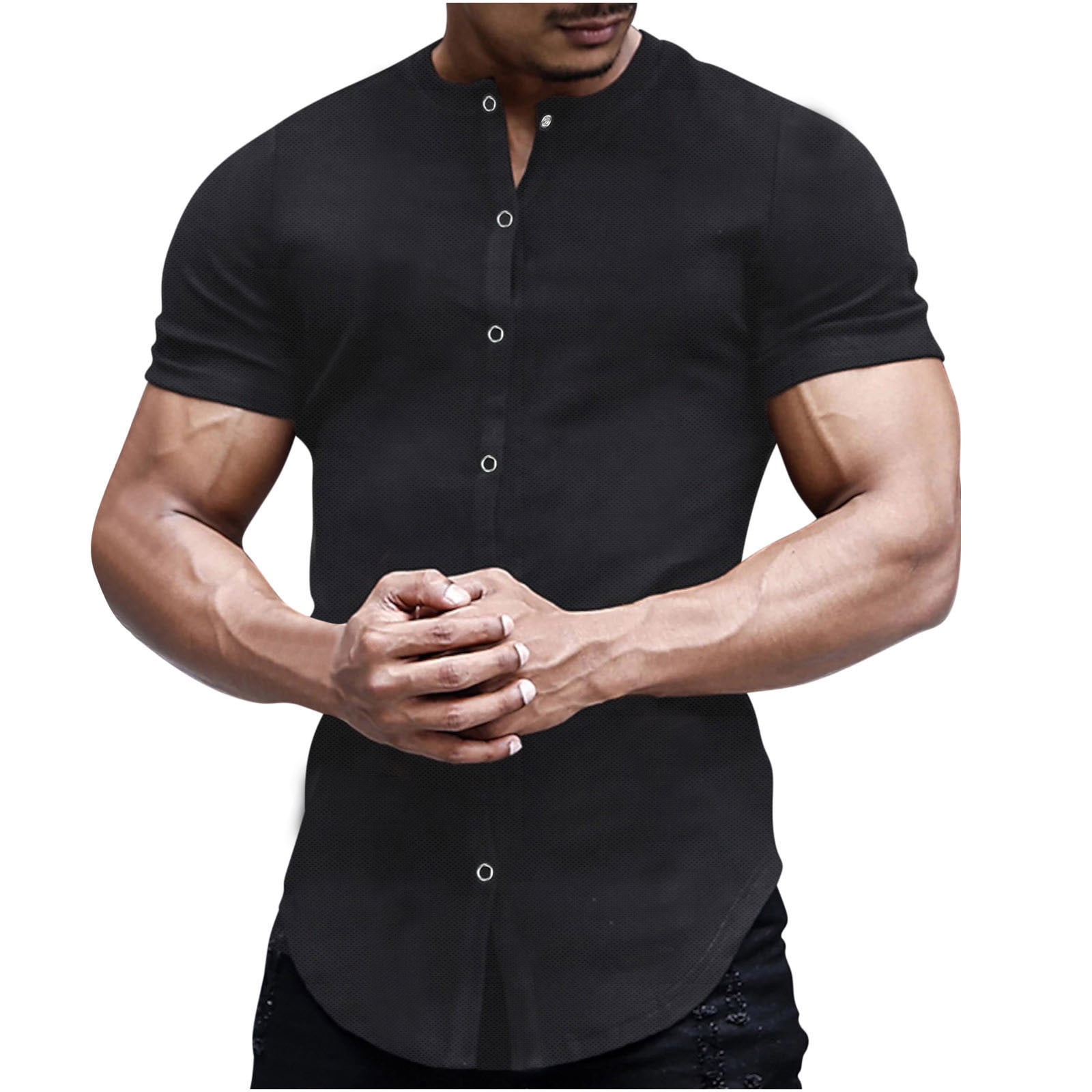 FAIWAD Men's Short Sleeve Shirt Button Formal Solid Color Tops Slim ...