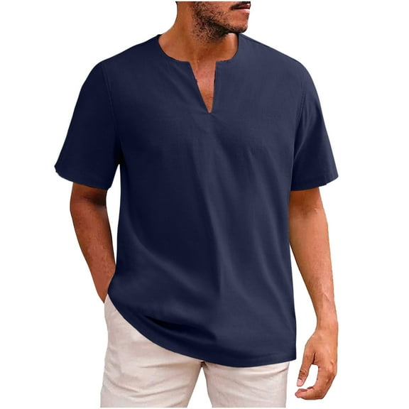 FAIWAD Men's Summer Cotton Shirt Short Sleeve V Neck Tees Beach Casual Comfy Breathable Blouse Tops