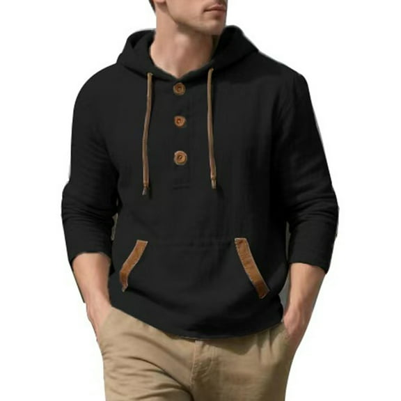 FAIWAD Mens Linen Shirts Long Sleeve Button Down Hooded Pullover Athletic Workout Tops with Pocket