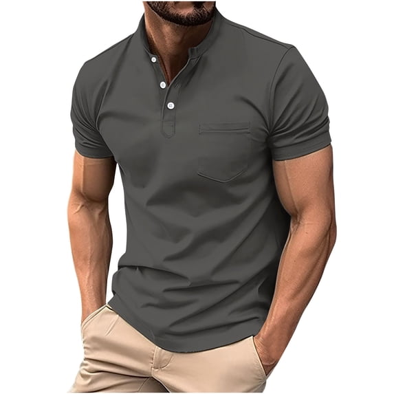 FAIWAD Mens Short Sleeve T-Shirts Round Neck Stretch Casual 3 Button Baisc Pullover Tops with Pocket