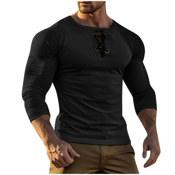 FAIWAD Mens Trendy Casual T-Shirt Lace Up V-Neck Long Sleeve Shirts Slim Stretch Workout Quick Dry Tees Tops