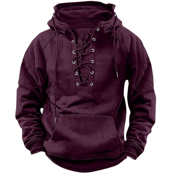 FAIWAD Mens Vintage Hoodies Retro Lace Up Long Sleeve Sweatshirts with Pocket Casual Outdoor Sports Workout Tops