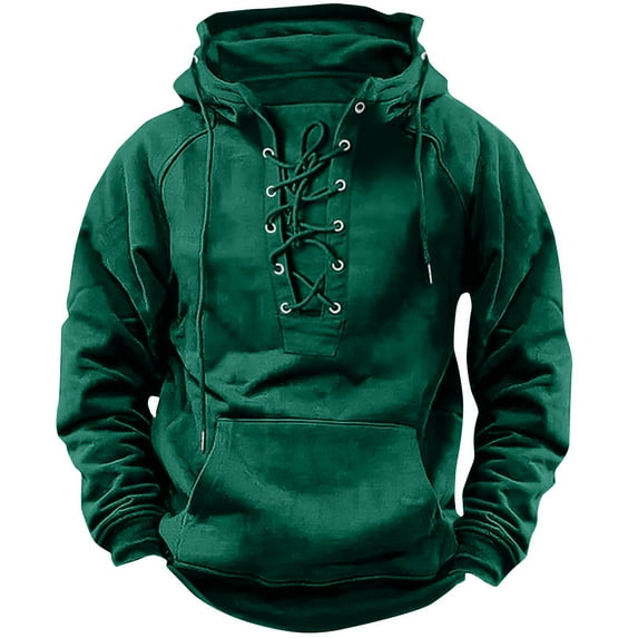 FAIWAD Mens Vintage Hoodies Retro Lace Up Long Sleeve Sweatshirts with Pocket Casual Outdoor Sports Workout Tops