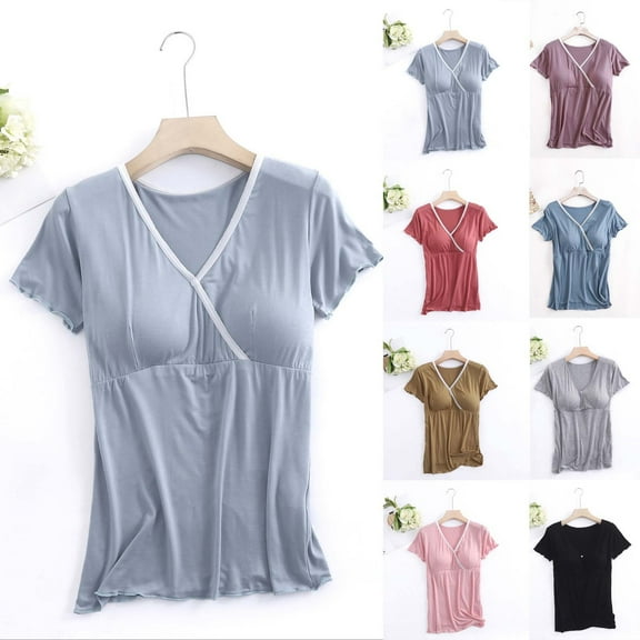 FAIWAD Nursing Tops With Built In Bra Maternity V Neck T Shirts Loose Stretchy Short Sleeve Clothes for Women
