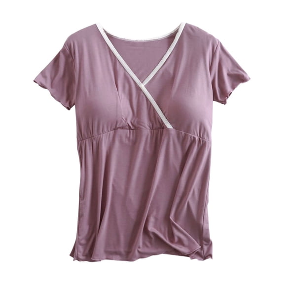 FAIWAD Nursing Tops With Built In Bra Maternity V Neck T Shirts Loose Stretchy Short Sleeve Clothes for Women
