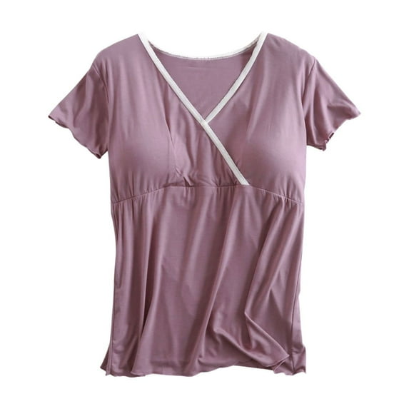 FAIWAD Nursing Tops With Built In Bra Maternity V Neck T Shirts Loose Stretchy Short Sleeve Clothes for Women
