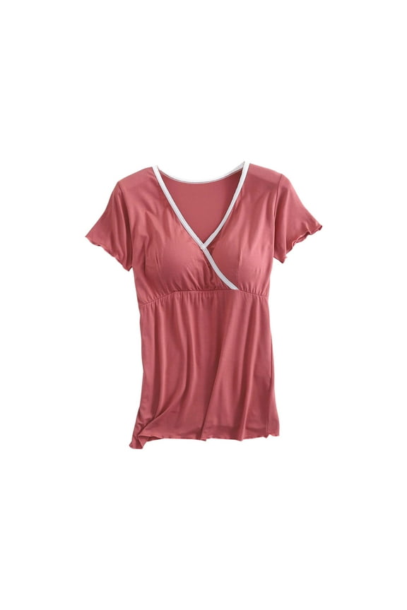 Nursing Tops With Built In Bra Maternity V Neck T Shirts Loose Stretchy Short Sleeve Clothes for Women