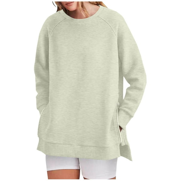 FAIWAD Oversized Sweatshirt for Women Crew Neck Long Sleeve Casual Side Slit Zipper Pullover Tops