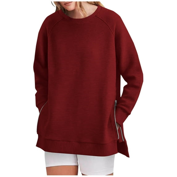 FAIWAD Oversized Sweatshirt for Women Crew Neck Long Sleeve Casual Side Slit Zipper Pullover Tops