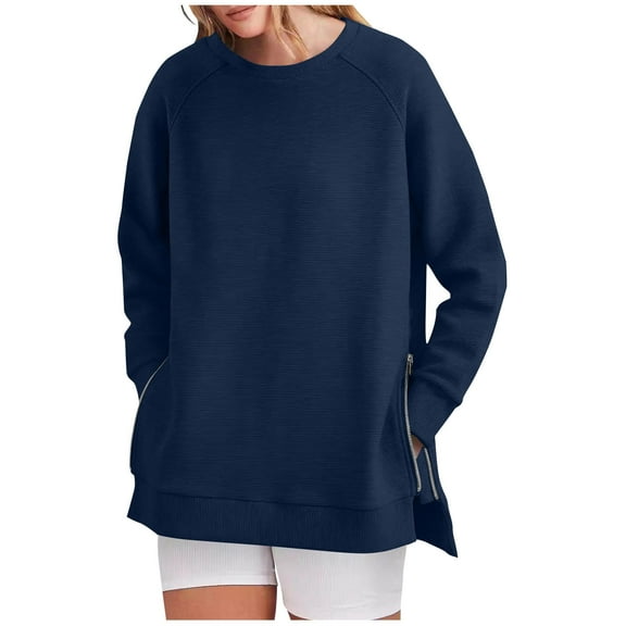 FAIWAD Oversized Sweatshirt for Women Crew Neck Long Sleeve Casual Side Slit Zipper Pullover Tops