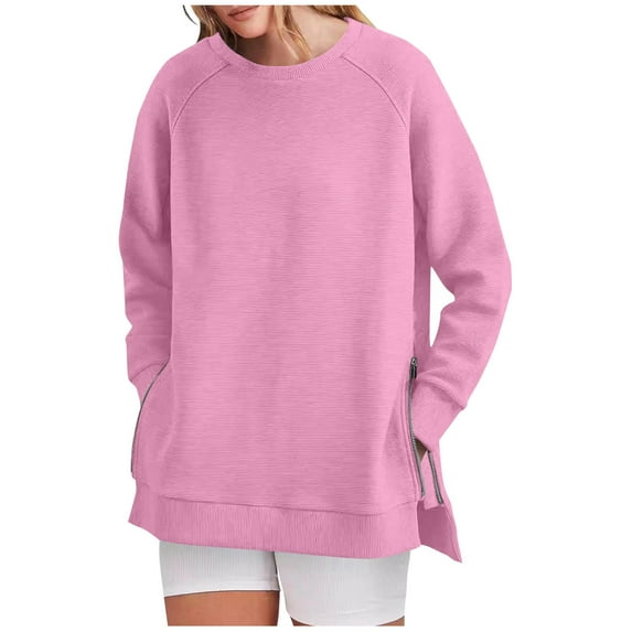 FAIWAD Oversized Sweatshirt for Women Crew Neck Long Sleeve Casual Side Slit Zipper Pullover Tops