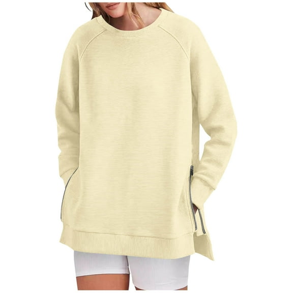 FAIWAD Oversized Sweatshirt for Women Crew Neck Long Sleeve Casual Side Slit Zipper Pullover Tops