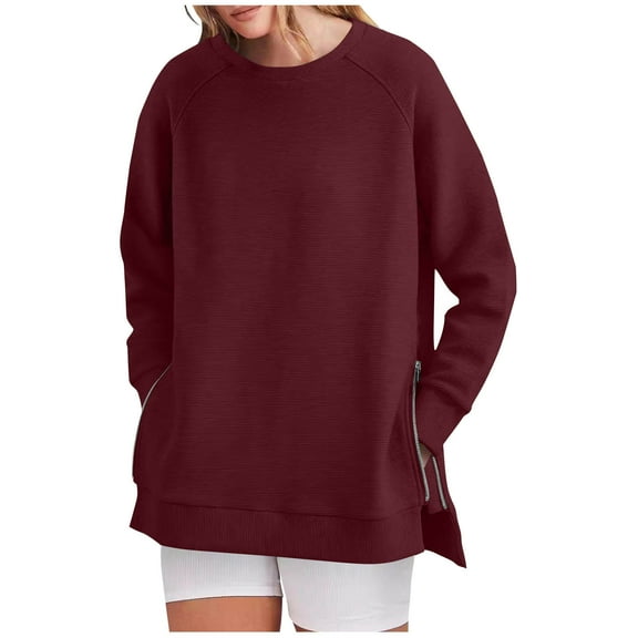 FAIWAD Oversized Sweatshirt for Women Crew Neck Long Sleeve Casual Side Slit Zipper Pullover Tops