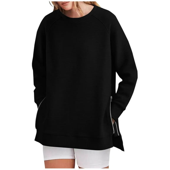 FAIWAD Oversized Sweatshirt for Women Crew Neck Long Sleeve Casual Side Slit Zipper Pullover Tops