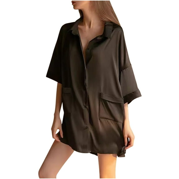 FAIWAD Pajama Shirts for Womens Short Sleeve Button Plus Size Shirts Comfy Soft Lapel Pajama Tops