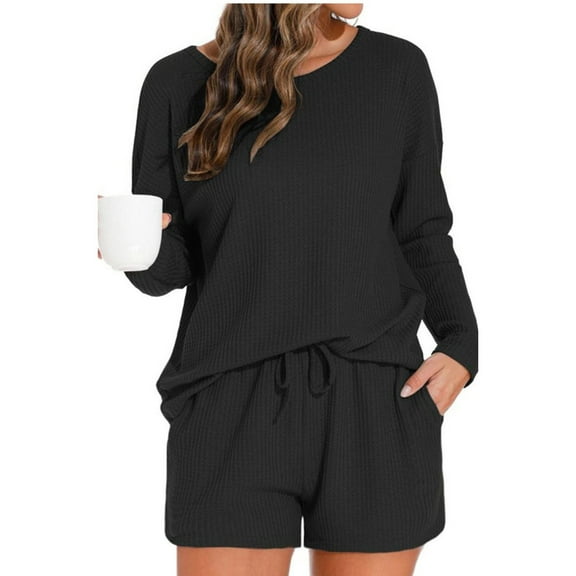 FAIWAD Pajamas Set for Women Knit 2 Piece Outfits Long Sleeve Top and Shorts Matching Lounge Set Loungewear with Pockets