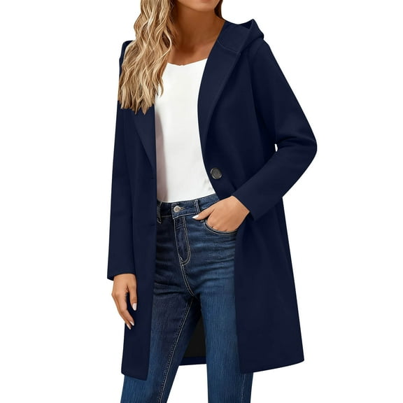 FAIWAD Pea Coats for Women Lapel Single Breasted Long Jacket with Hooded Casual Warm Fall Winter Trench Coat Outerwear