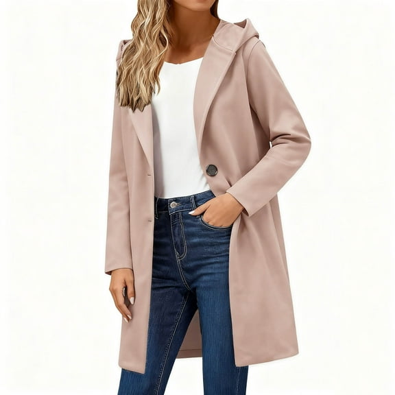 FAIWAD Pea Coats for Women Lapel Single Breasted Long Jacket with Hooded Casual Warm Fall Winter Trench Coat Outerwear