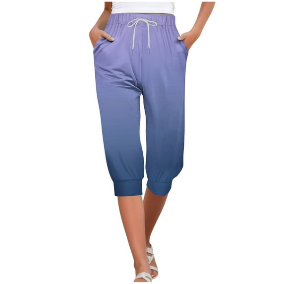 FAIWAD Plus Size Capris for Women Elastic Waist Gradient Print Cropped Pants Summer Drawstring Yoga Pants