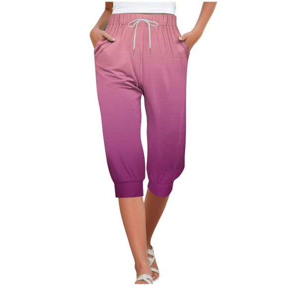 FAIWAD Plus Size Capris for Women Elastic Waist Gradient Print Cropped Pants Summer Drawstring Yoga Pants