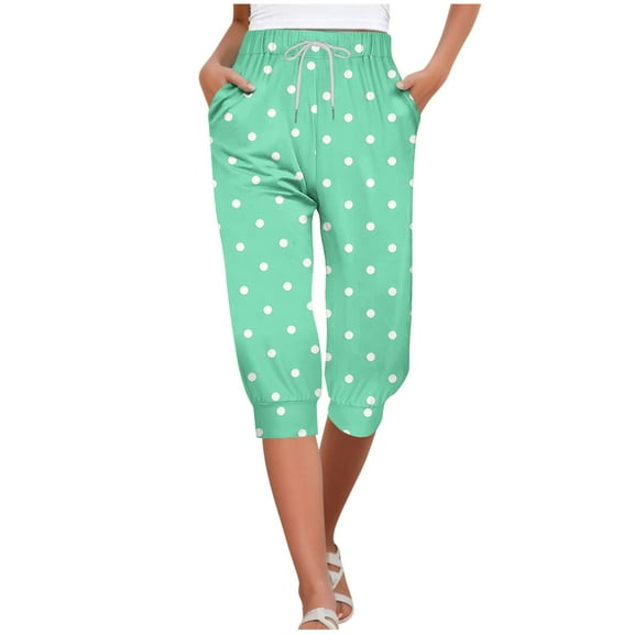 FAIWAD Plus Size Capris for Women Elastic Waist Polka Dots Print Cropped Pants Summer Drawstring Yoga Pants