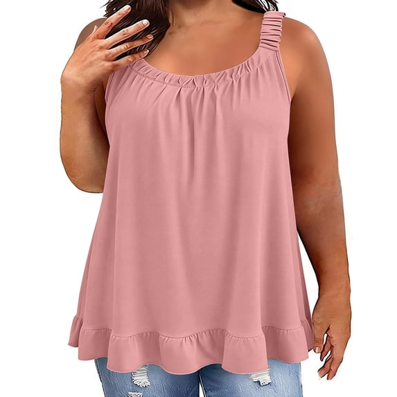 FAIWAD Plus Size Clothes for Women Summer Casual Scoop Neck Pleated Front Cami Shirts Sleeveless Ruffle Camisole