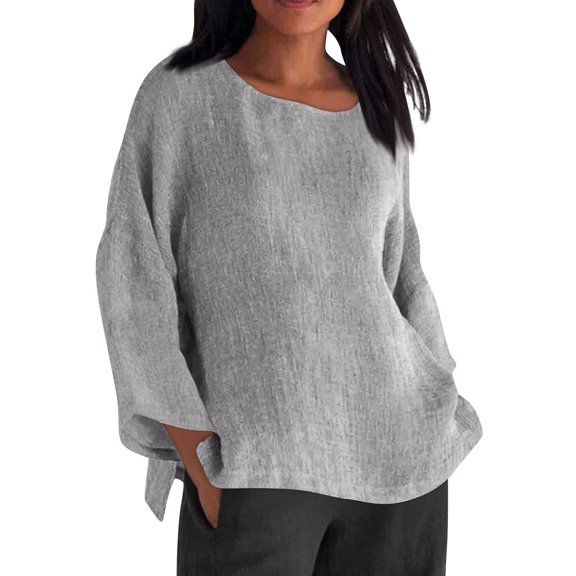 FAIWAD Plus Size Cotton Linen Tops for Women Loose Boho Long Sleeve Casual Dressy Side Slit Blouses
