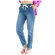 FAIWAD Plus Size Jean for Women Casual Elastic Waist Drawstring Trousers High Waist Classic Denim Pants (X-Large, Light Blue)