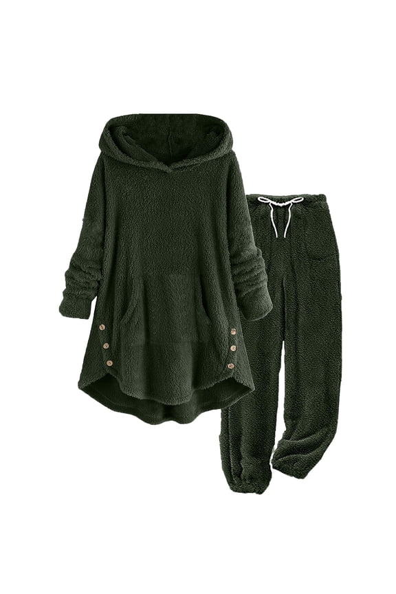 Plus Size Pajamas Set for Women Warm Fleece Plush Hoodie Tops and Drawstring Pants Fuzzy Loungewear for Winter