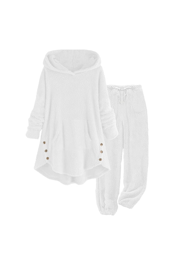 Plus Size Pajamas Set for Women Warm Fleece Plush Hoodie Tops and Drawstring Pants Fuzzy Loungewear for Winter