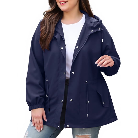 FAIWAD Plus Size Rain Jackets for Women Waterproof Lightweight Hood Drawstring Medium-Length Windbreaker