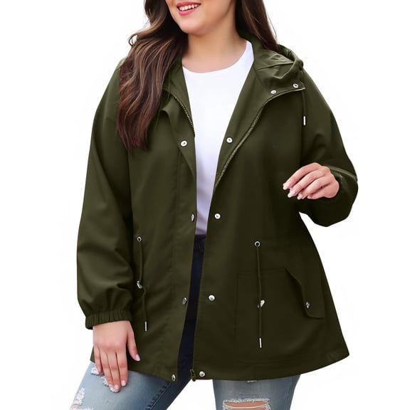 FAIWAD Plus Size Rain Jackets for Women Waterproof Lightweight Hood Drawstring Medium-Length Windbreaker