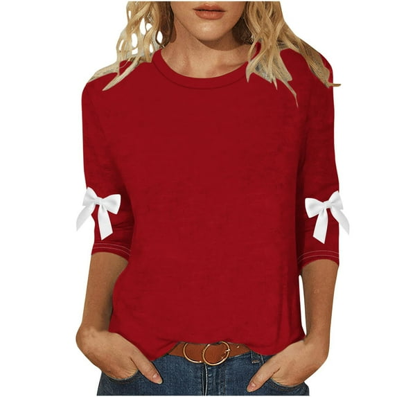 FAIWAD Plus Size Shirts for Women Crewneck 3/4 Sleeve Blouse with Bow Loose Solid Color Tunic Tops Trendy Work Clothes