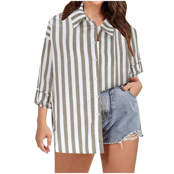 FAIWAD Plus Size Stripe Shirts for Women Long Sleeve Button Down Blouses Casual Work Dress Tops (S-4XL)