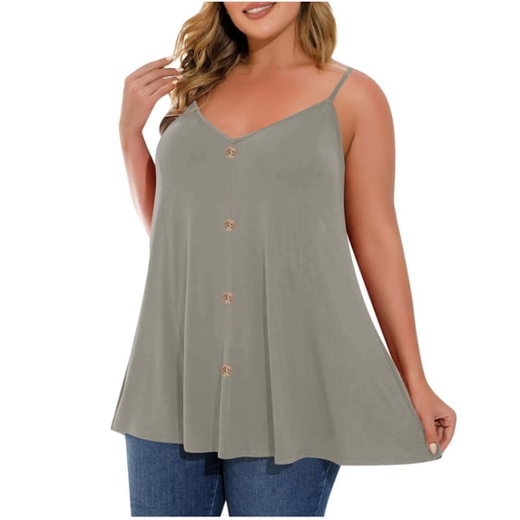 FAIWAD Plus Size Tank Tops for Women V Neck Button Sleeveless Cami Shirts Summer Adjustable Strap Workout Tops, L-5XL