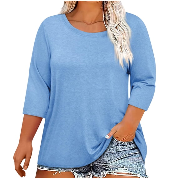 FAIWAD Plus Size Tops for Women Crew Neck 3/4 Sleeve Casual T Shirts Loose Basic Solid Color Blouse Summer Trendy Clothes