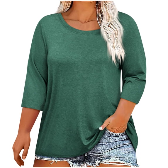 FAIWAD Plus Size Tops for Women Crew Neck 3/4 Sleeve Casual T Shirts Loose Basic Solid Color Blouse Summer Trendy Clothes