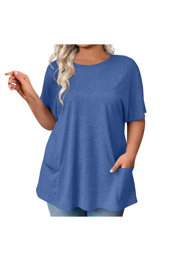 Plus Size Tops for Women Summer Short Sleeve Crew Neck Casual Shirts Loose Basic Maternity Clothes with Pockets