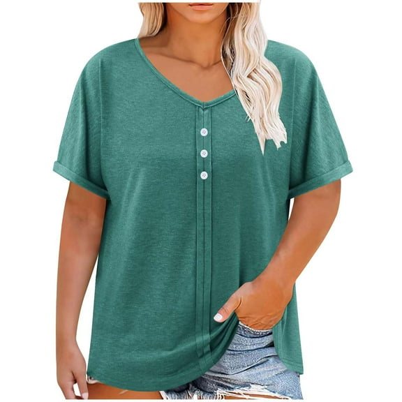 FAIWAD Plus Size Tops for Women Summer V Neck Roll Short Sleeve Trendy Button Down Shirts Casual Loose Basic T Shirts