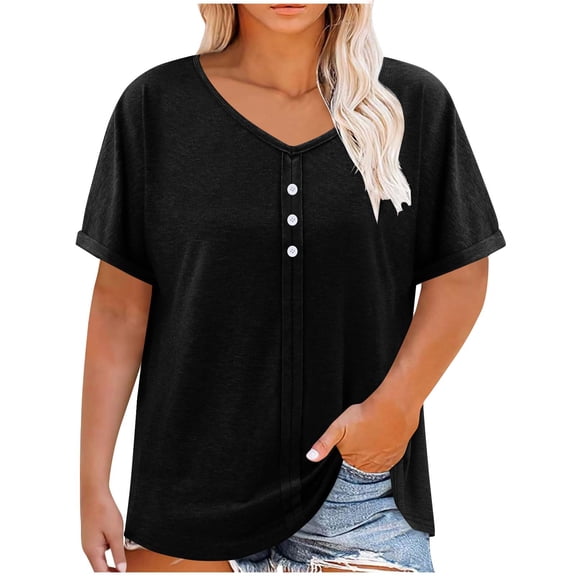 FAIWAD Plus Size Tops for Women Summer V Neck Roll Short Sleeve Trendy Button Down Shirts Casual Loose Basic T Shirts
