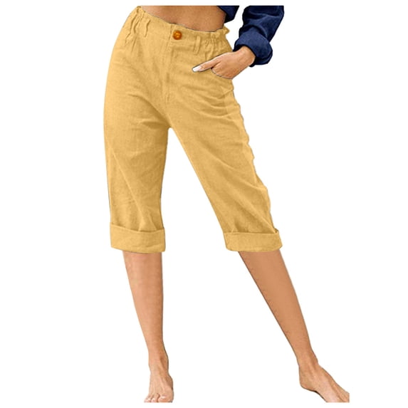 FAIWAD Pockets Capri Pants for Women Straight Wide Leg Solid Color Trousers Elastic Waist Basic Pant (Large, Yellow)