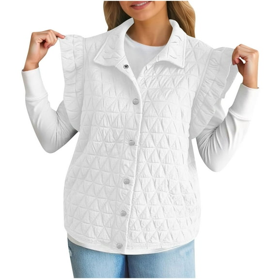 FAIWAD Puffer Vest Women Ruffle Cap Sleeve Lightweight Stand Collar Quilted Jackets Button up Padded Outerwear