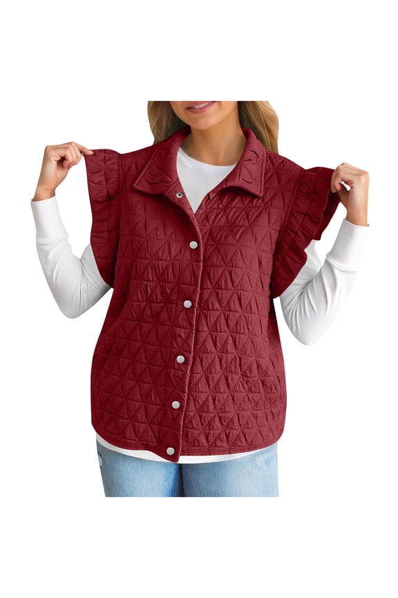 Puffer Vest Women Ruffle Cap Sleeve Lightweight Stand Collar Quilted Jackets Button up Padded Outerwear