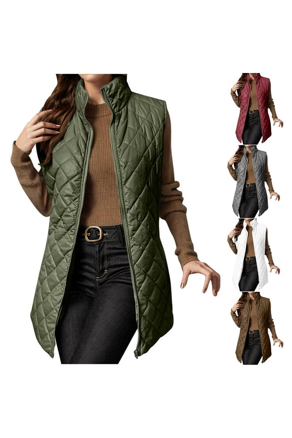 Puffer Vest for Women Sleeveless Stand Collar Quilted Winter Coats Zip Long Jacket Warm Outerwear