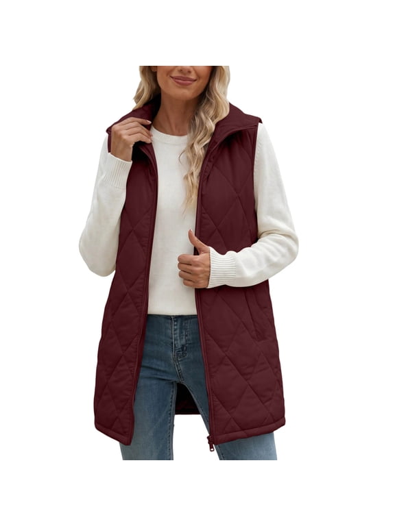 Women's Long Puffer Vest Quilted Sleeveless Zip Up Jacket Lightweight Stand Collar Casual Fall Winter Layering Outerwear