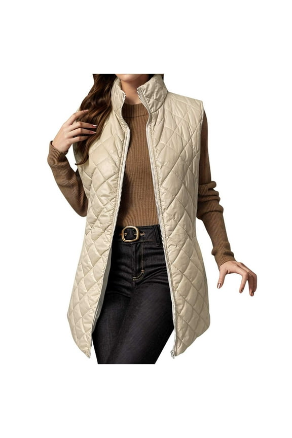 Puffer Vest for Women Sleeveless Stand Collar Quilted Winter Coats Zip Long Jacket Warm Outerwear