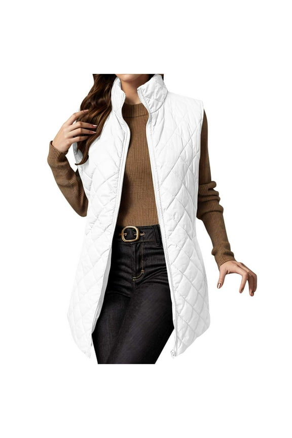 Puffer Vest for Women Sleeveless Stand Collar Quilted Winter Coats Zip Long Jacket Warm Outerwear